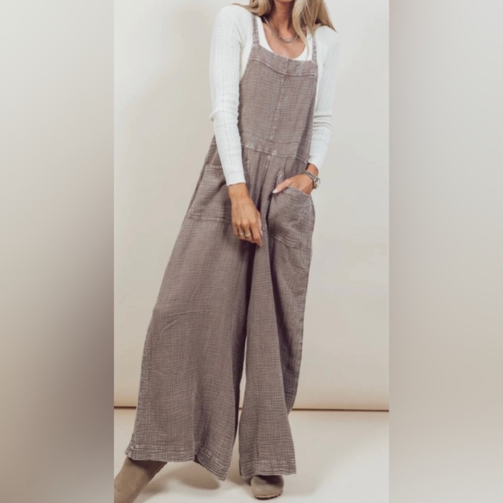 New! Easel Mushroom Washed Cotton Jumpsuit Overalls - Picture 6 of 7